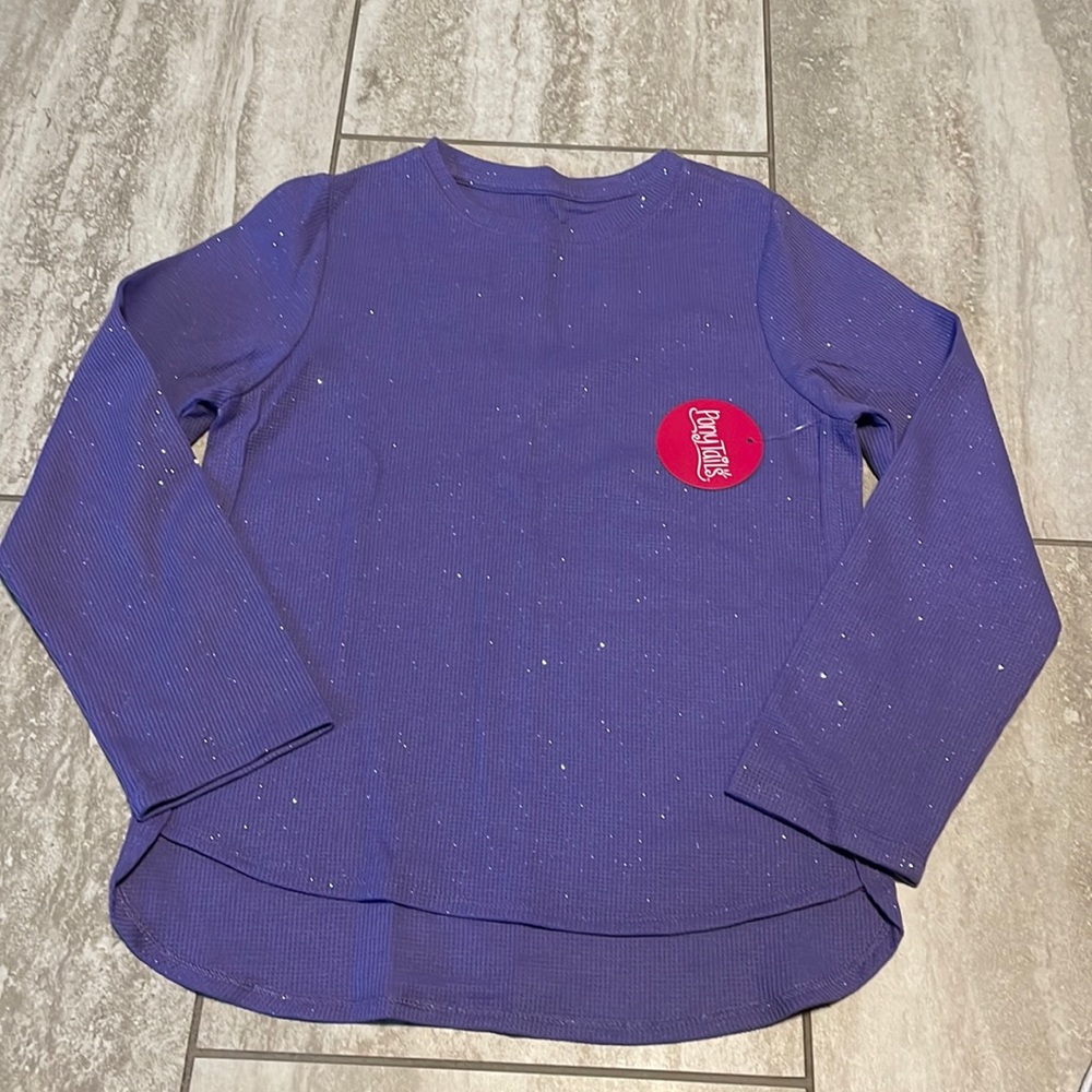 Ponytails purple long sleeves round neck asymmetric hem,L shirt for girls